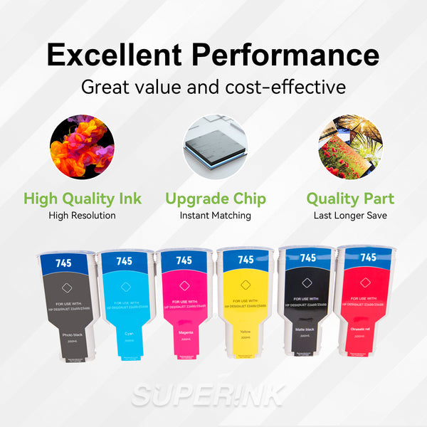 Compatible HP 745 300ml 6pcs Ink Combo MBK/PBK/C/M/Y/R - Superink.ca