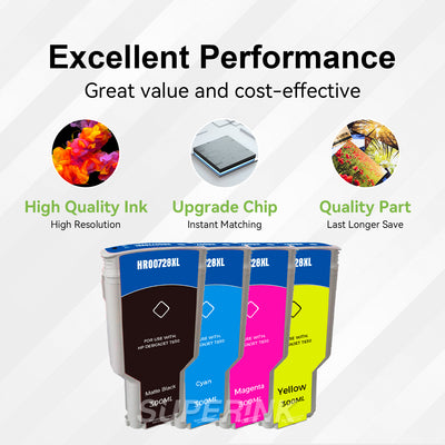 Compatible HP 728XL 300ML Ink Cartridge Combo MBK/C/M/Y By Superink