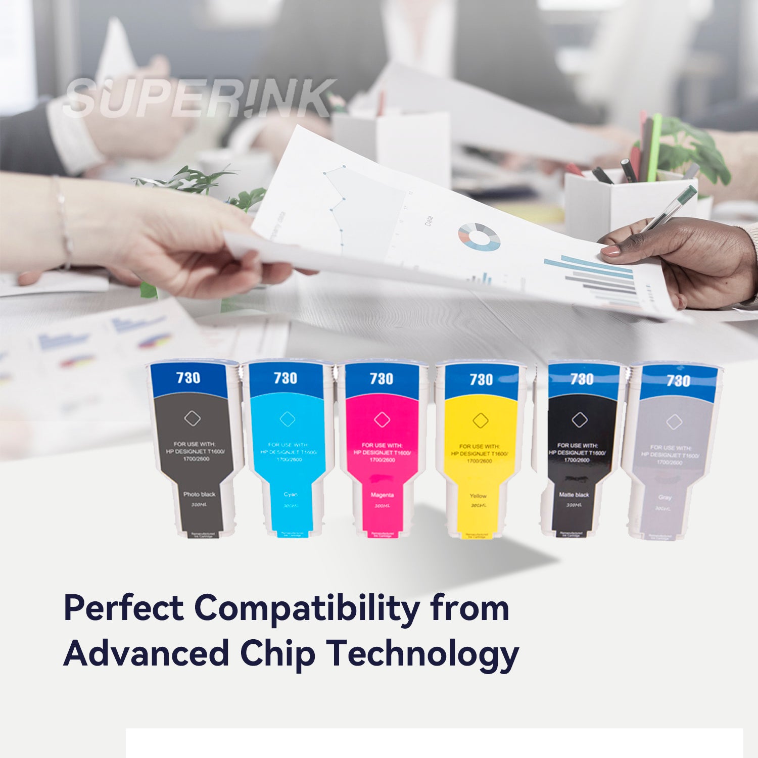 Compatible HP 730 300ml Ink Combo MBK/PBK/C/M/Y/GY By Superink