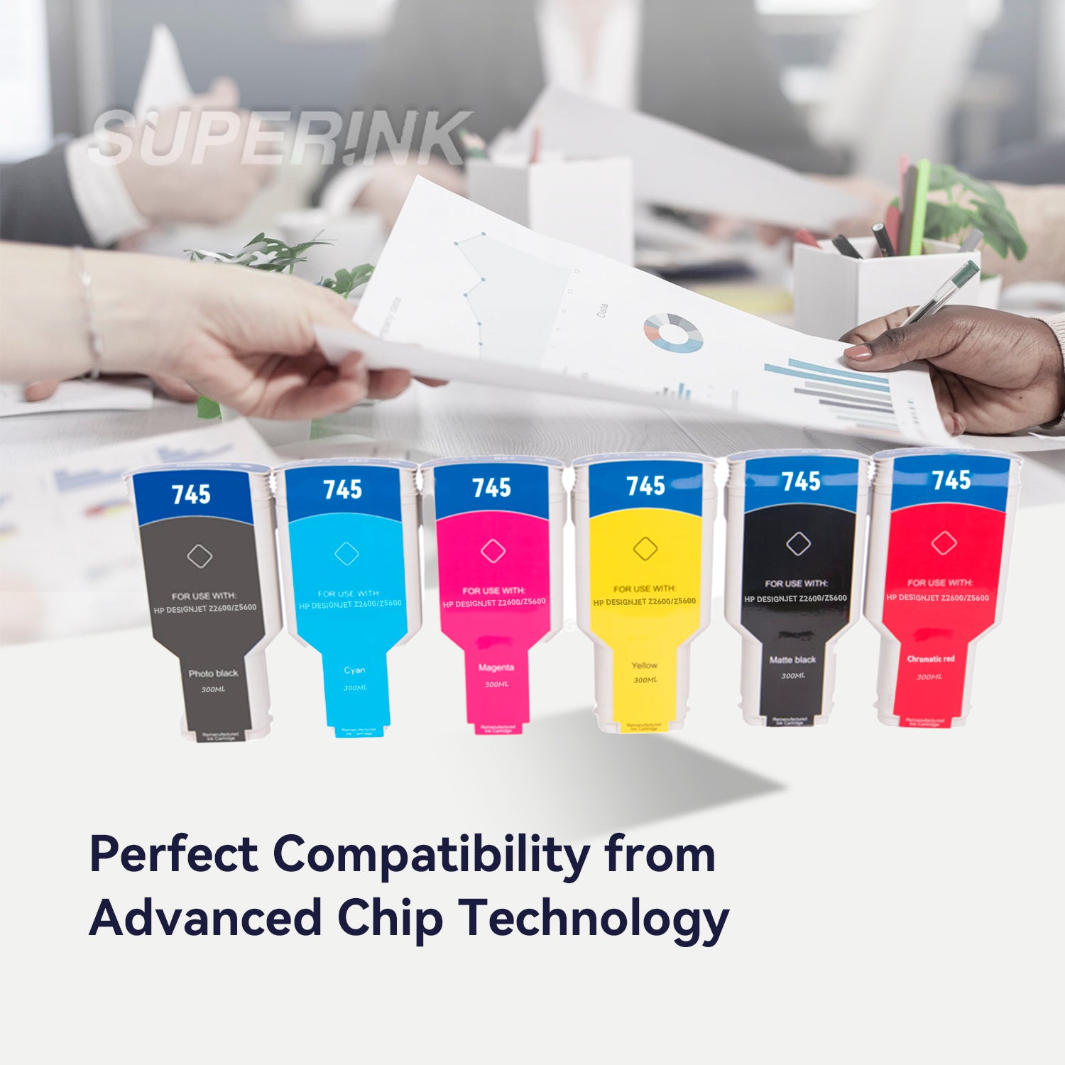 Compatible HP 745 300ml 6pcs Ink Combo MBK/PBK/C/M/Y/R By Superink